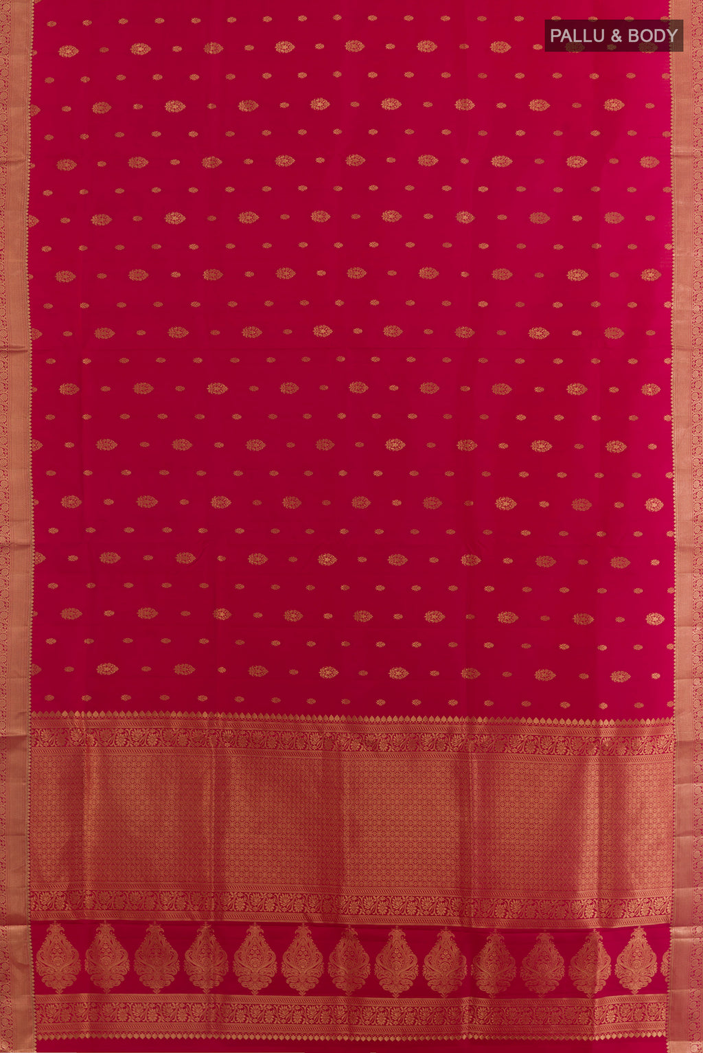 Flat view of Pure Silk Red Soft Saree with Zari Butta on the body and Zari Border. 