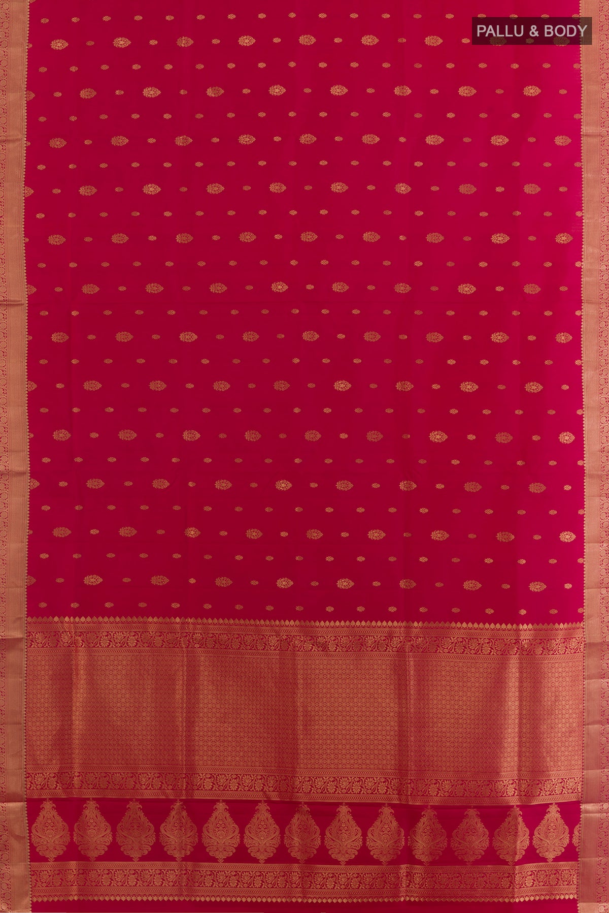 Flat view of Pure Silk Red Soft Saree with Zari Butta on the body and Zari Border. 