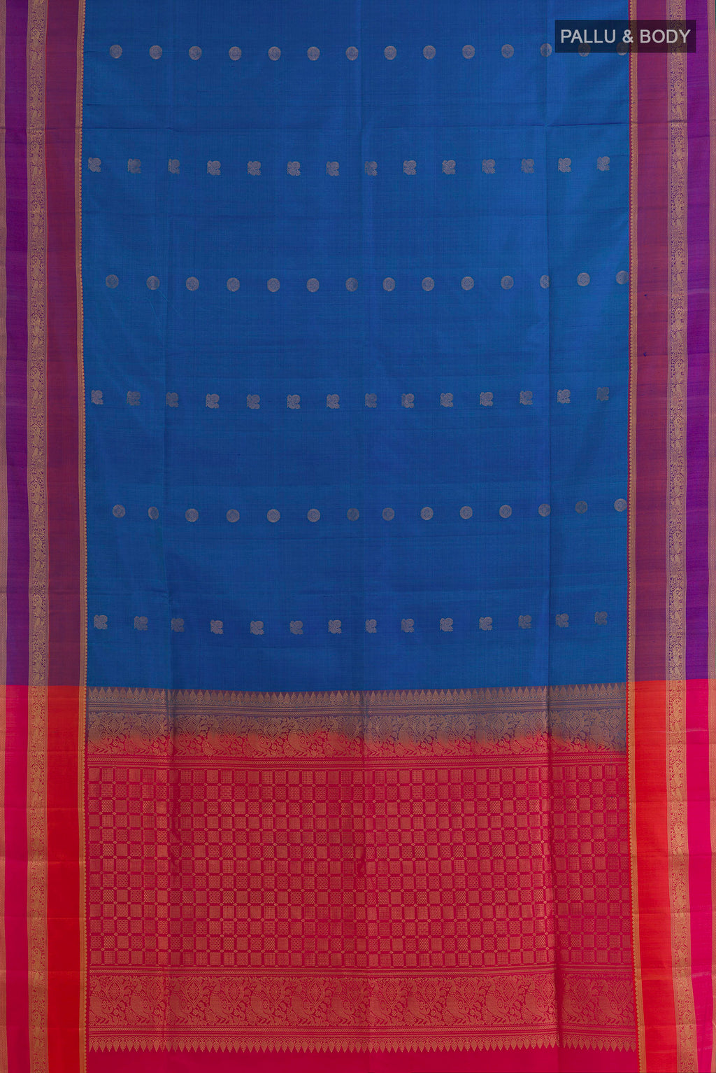 Flat view of Pure Silk Blue Soft Saree with Zari Butta on the body and Zari Border. 