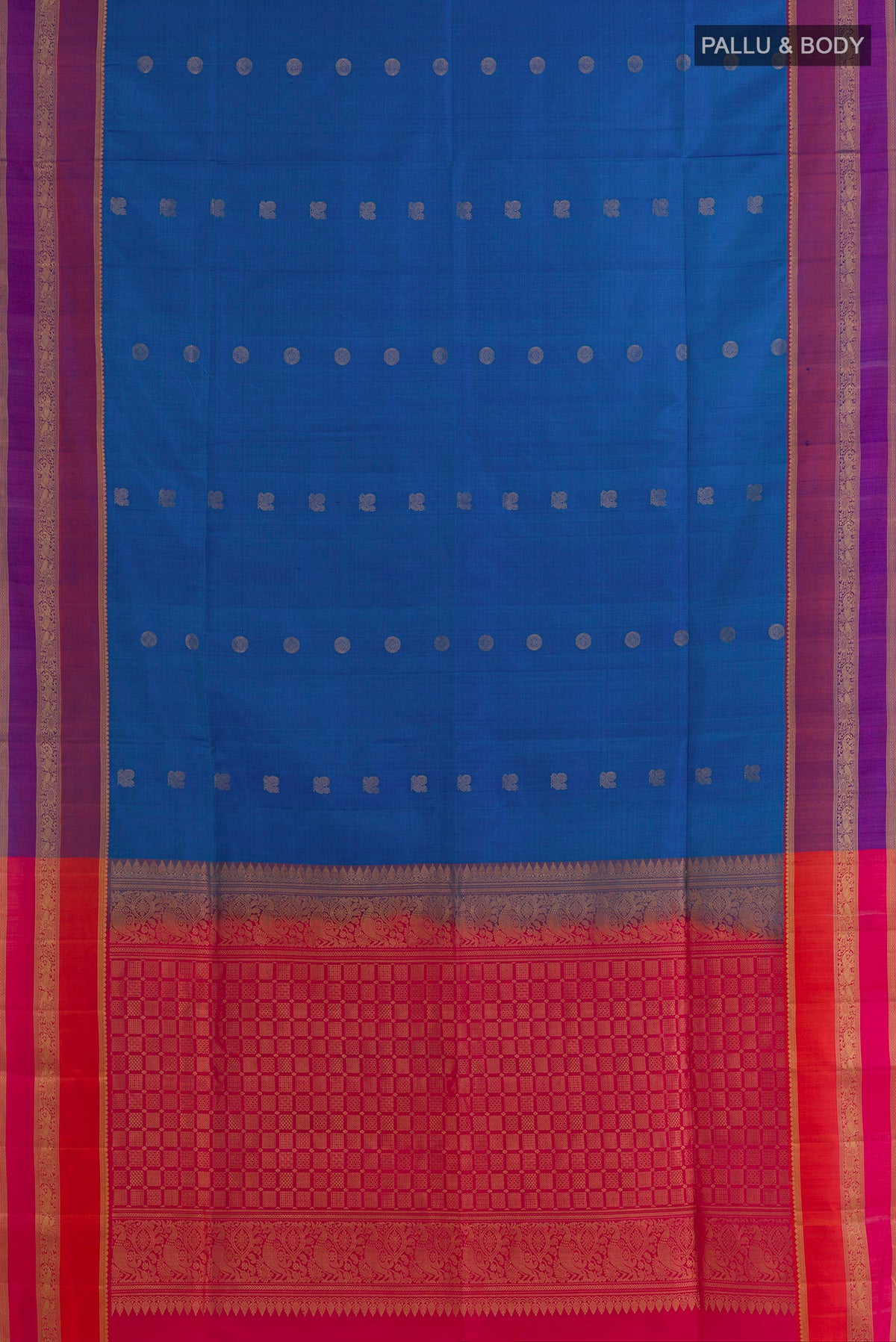 Flat view of Pure Silk Blue Soft Saree with Zari Butta on the body and Zari Border. 