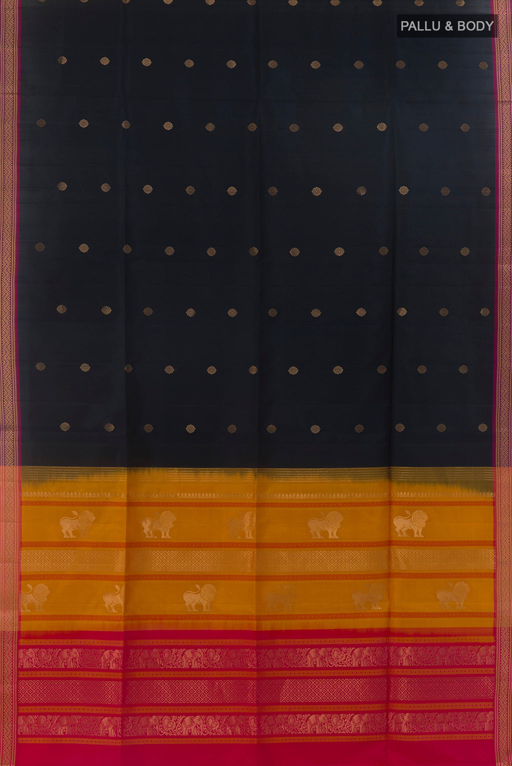 Flat view of Pure Silk Black Soft Saree with Zari Butta on the body and Zari Border. 