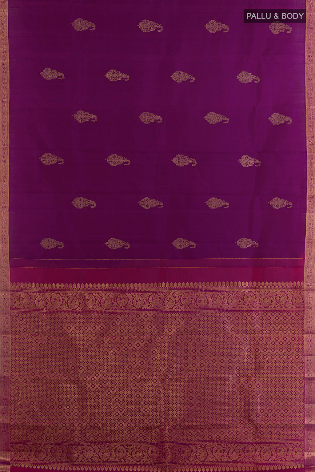 Flat view of Pure Silk Purple Kanchipuram Saree with Zari Butta on the body and Zari Border. 