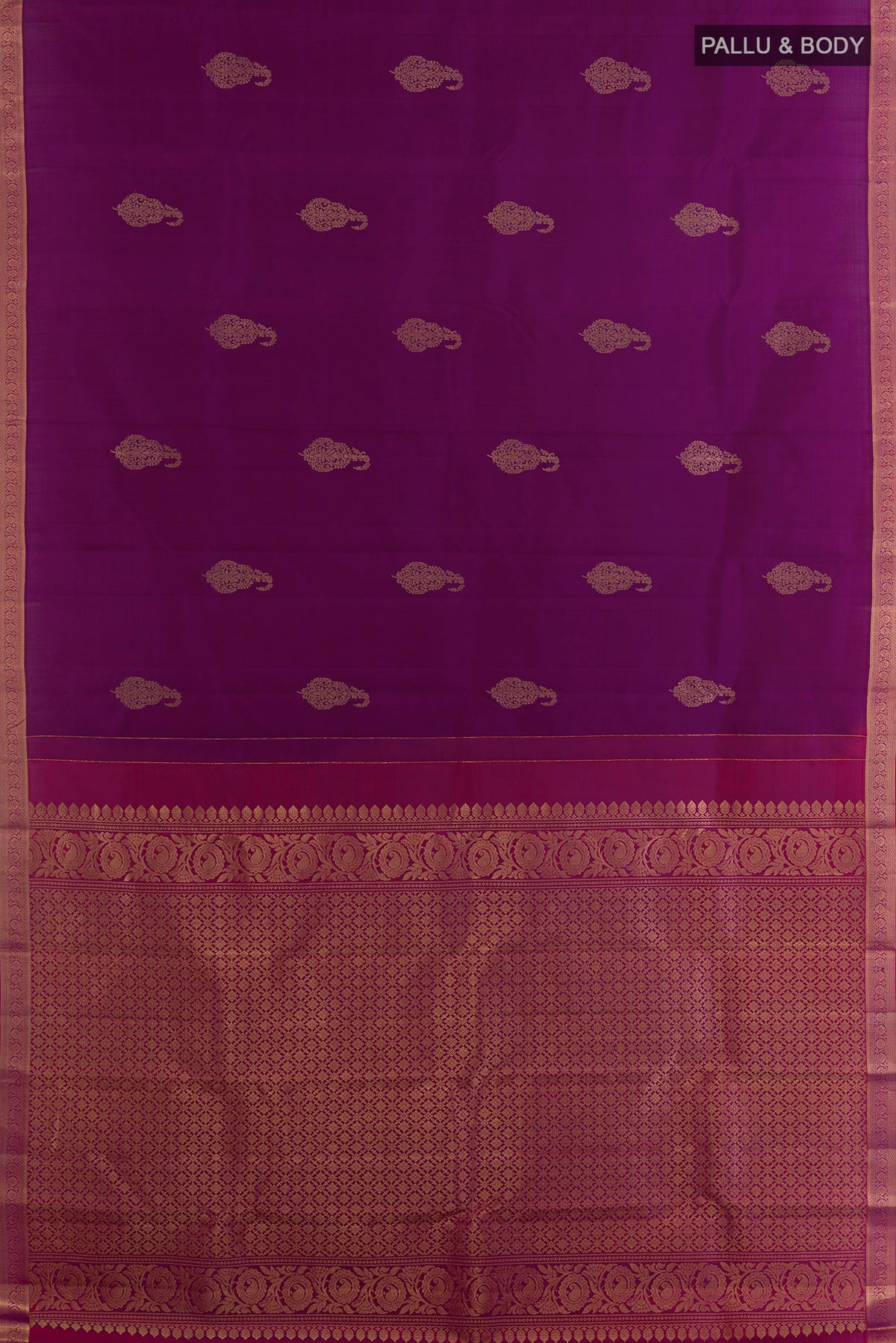 Flat view of Pure Silk Purple Kanchipuram Saree with Zari Butta on the body and Zari Border. 