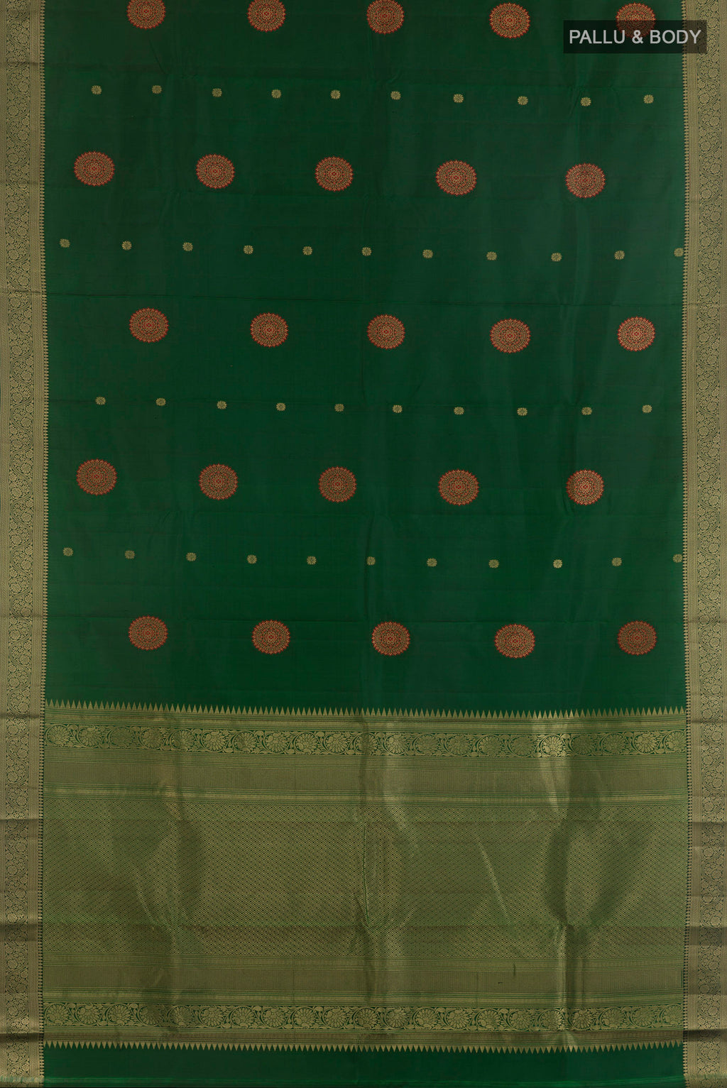 Flat view of Pure Silk Bottle Green Kanchipuram Saree with Zari Butta on the body and Zari Border. 