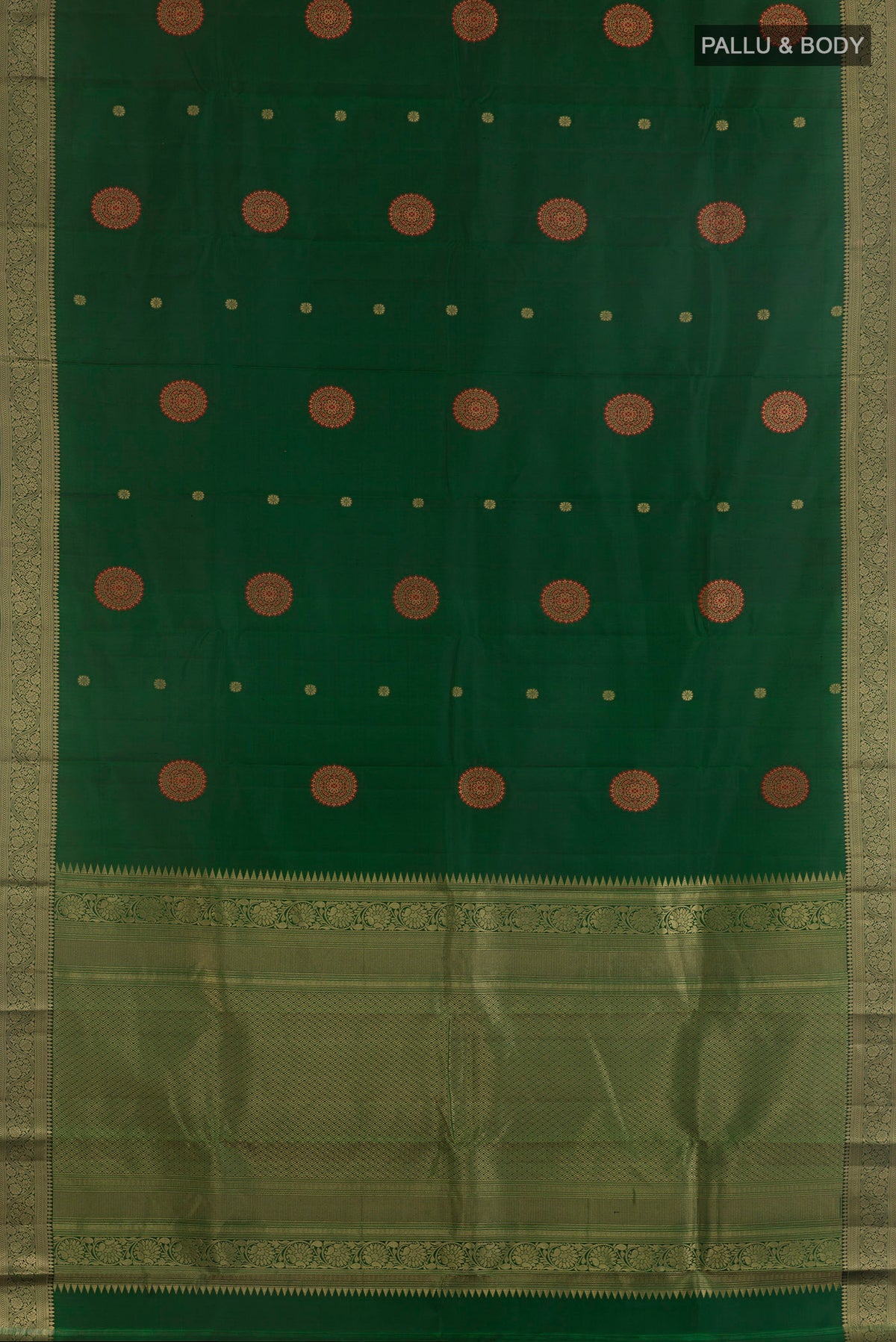 Flat view of Pure Silk Bottle Green Kanchipuram Saree with Zari Butta on the body and Zari Border. 