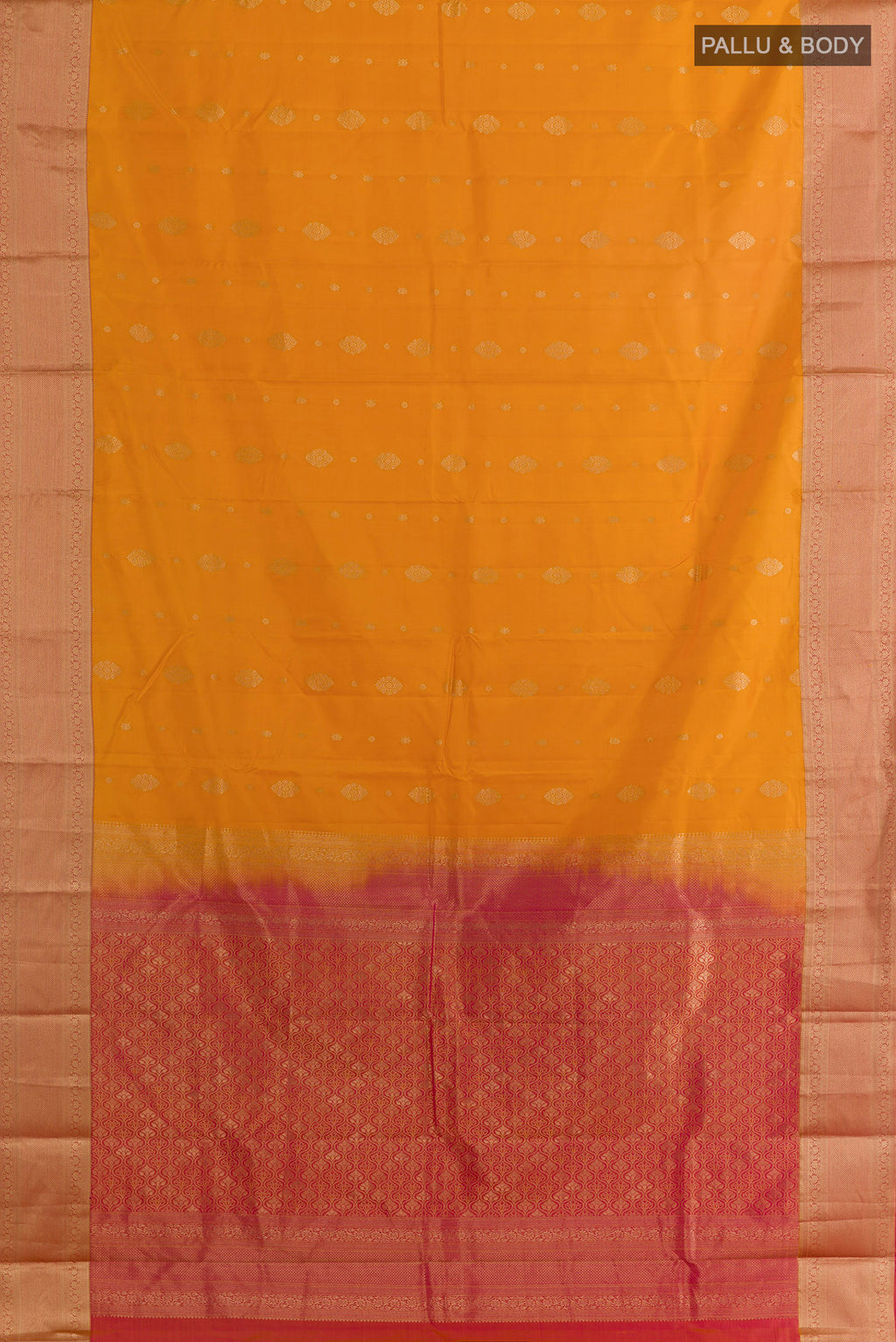 Flat view of Pure Silk Yellow Kanchipuram Saree with Zari Butta on the body and Zari Border. 