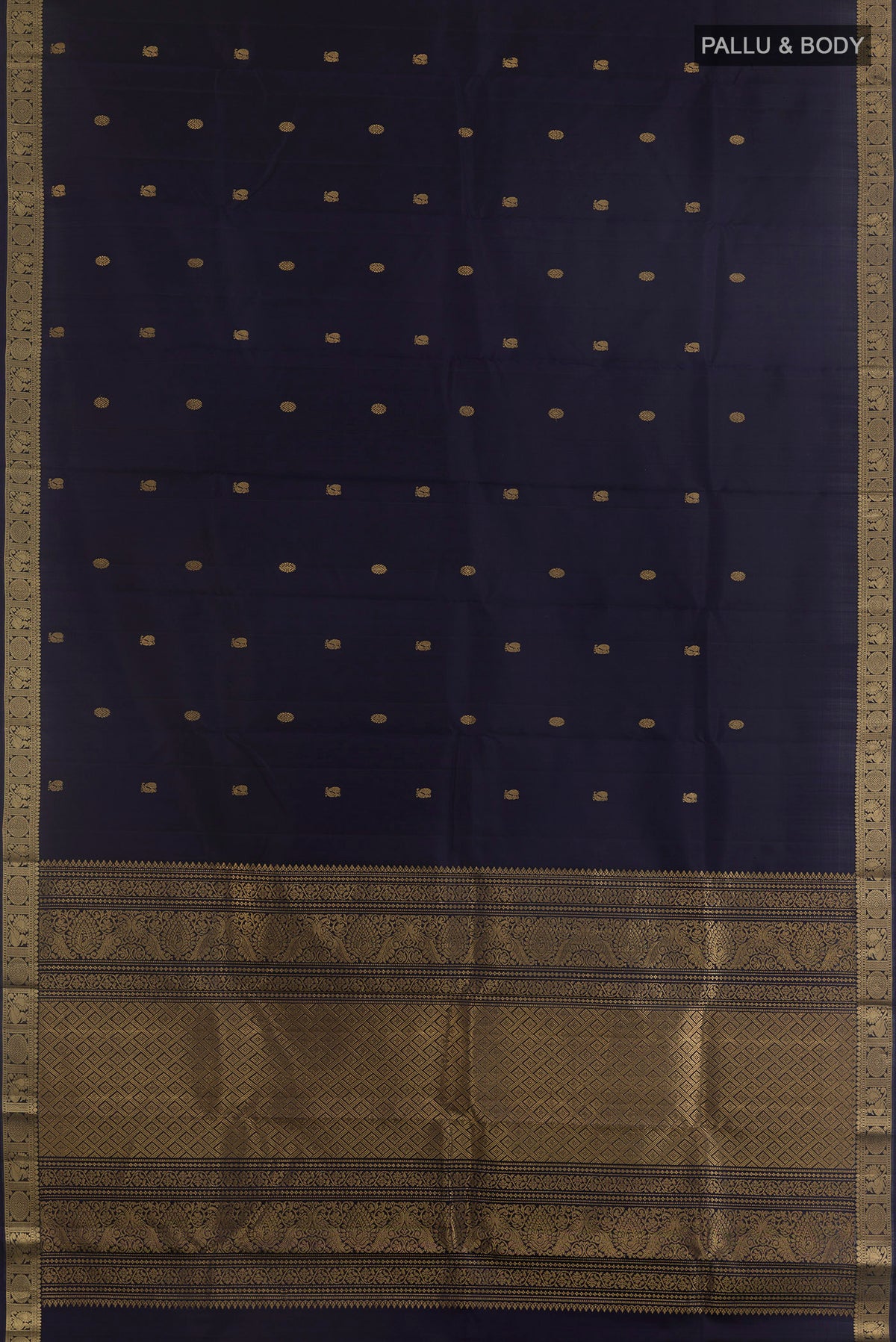 Flat view of Pure Silk Navy Blue Kanchipuram Saree with Zari Butta on the body and Zari Border. 