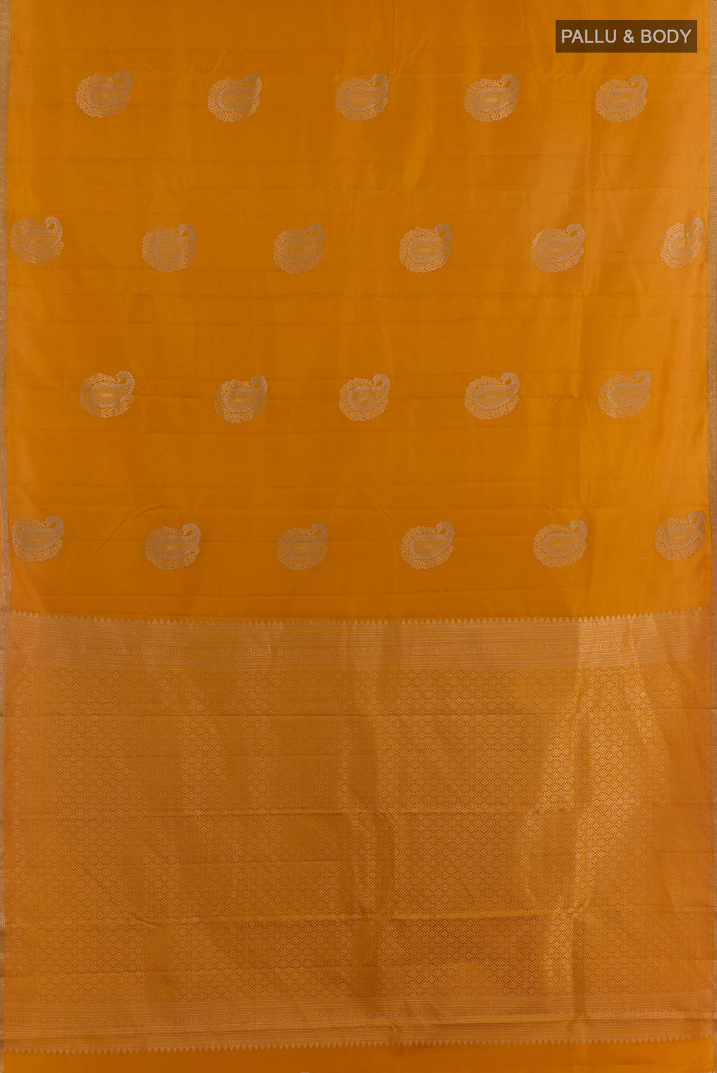 Flat view of Pure Silk Mustard Kanchipuram Saree with Zari Butta on the body and Zari Border. 
