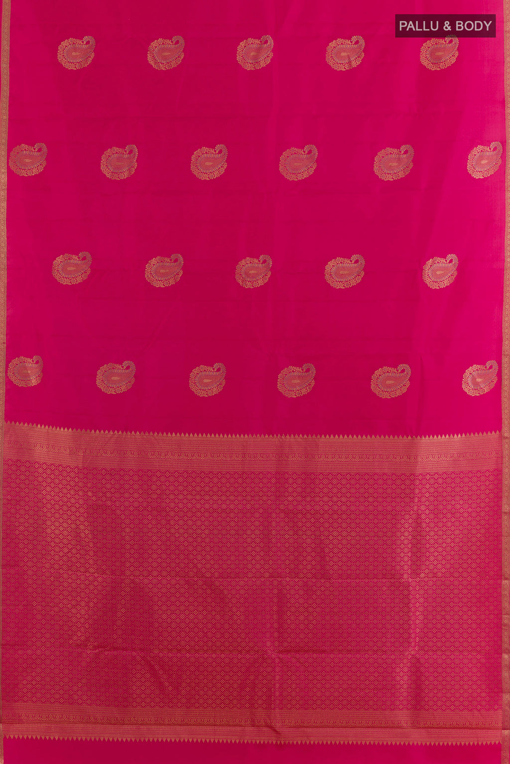 Flat view of Pure Silk Pink Kanchipuram Saree with Zari Butta on the body and Zari Border. 