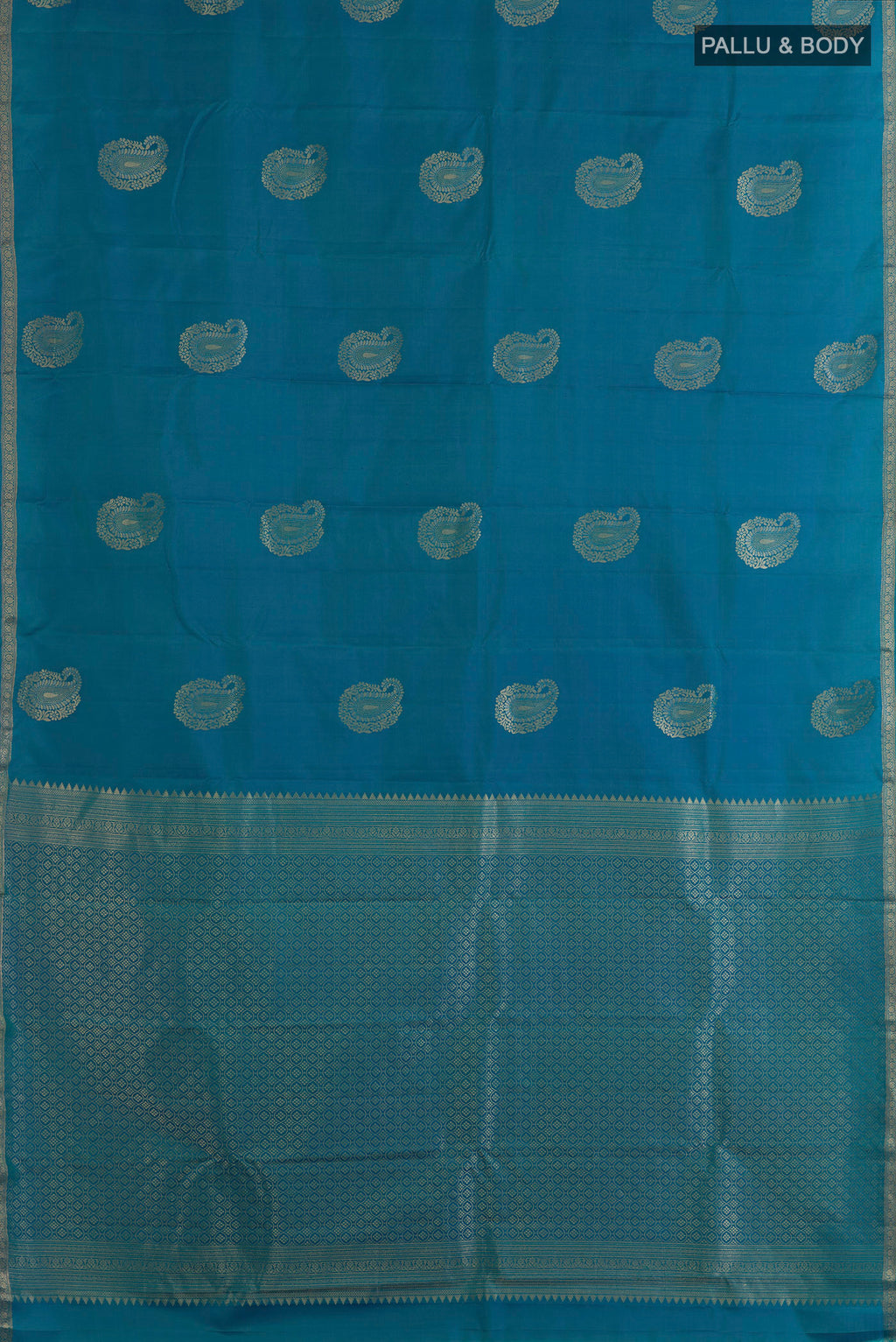 Flat view of Pure Silk Blue Kanchipuram Saree with Zari Butta on the body and Zari Border. 