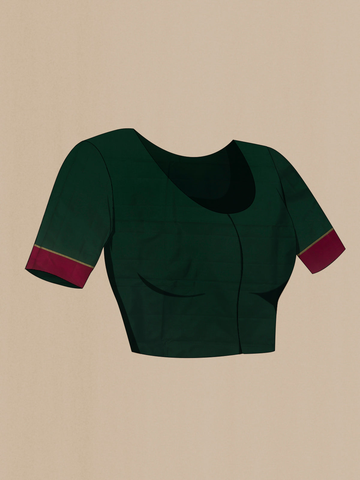 Close up image of the blouse of Pure Silk Bottle Green Kanjivaram Saree with Zari Butta on the body and Plain Border. 