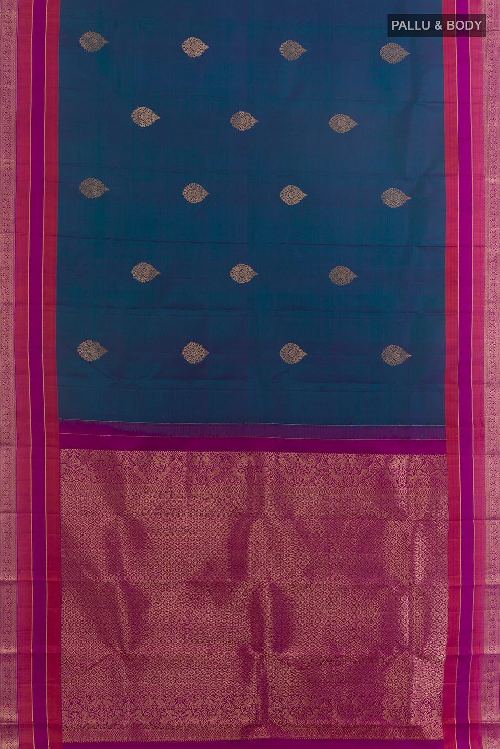 Flat view of Pure Silk Peacock Blue Kanchipuram Saree with Zari Butta on the body and Zari Border. 
