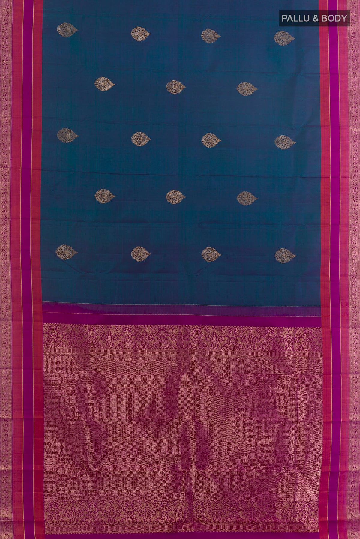 Flat view of Pure Silk Peacock Blue Kanchipuram Saree with Zari Butta on the body and Zari Border. 