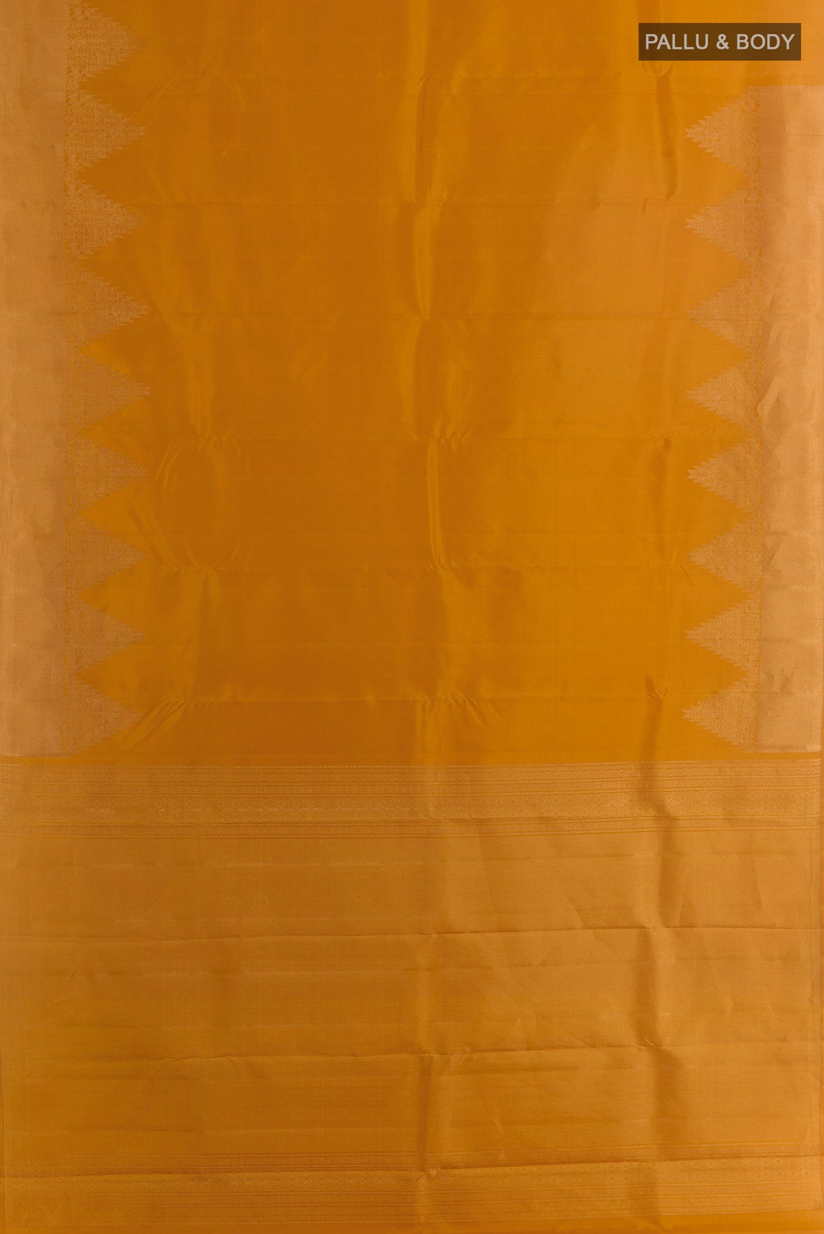 Flat view of Pure Silk Mustard Kanchipuram Saree with Plain Body and Zari Border. 