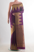 Pure Silk Purple Kanchipuram Saree with Plain Body and Temple Border.  displayed on a mannequin