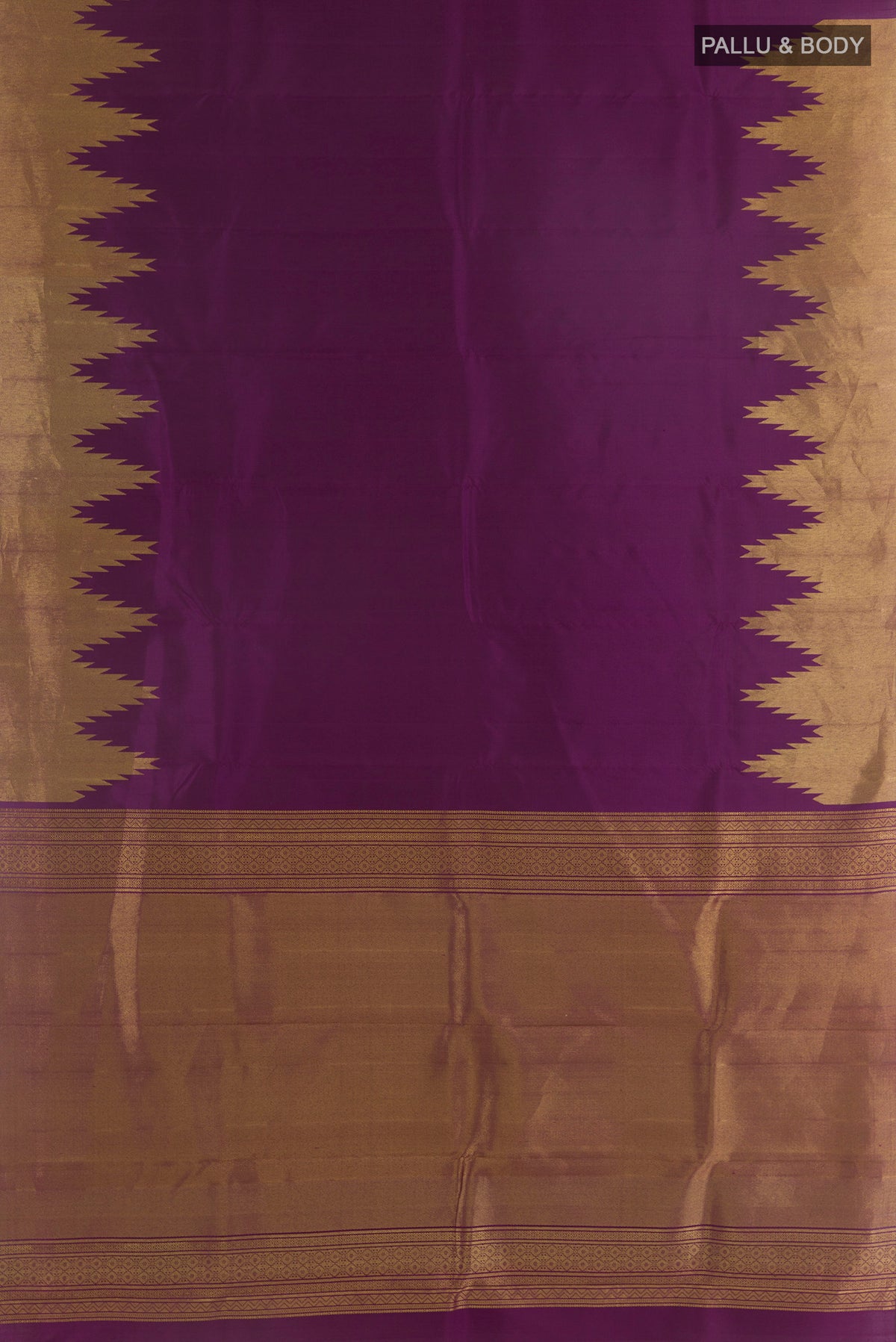 Flat view of Pure Silk Purple Kanchipuram Saree with Plain Body and Temple Border. 