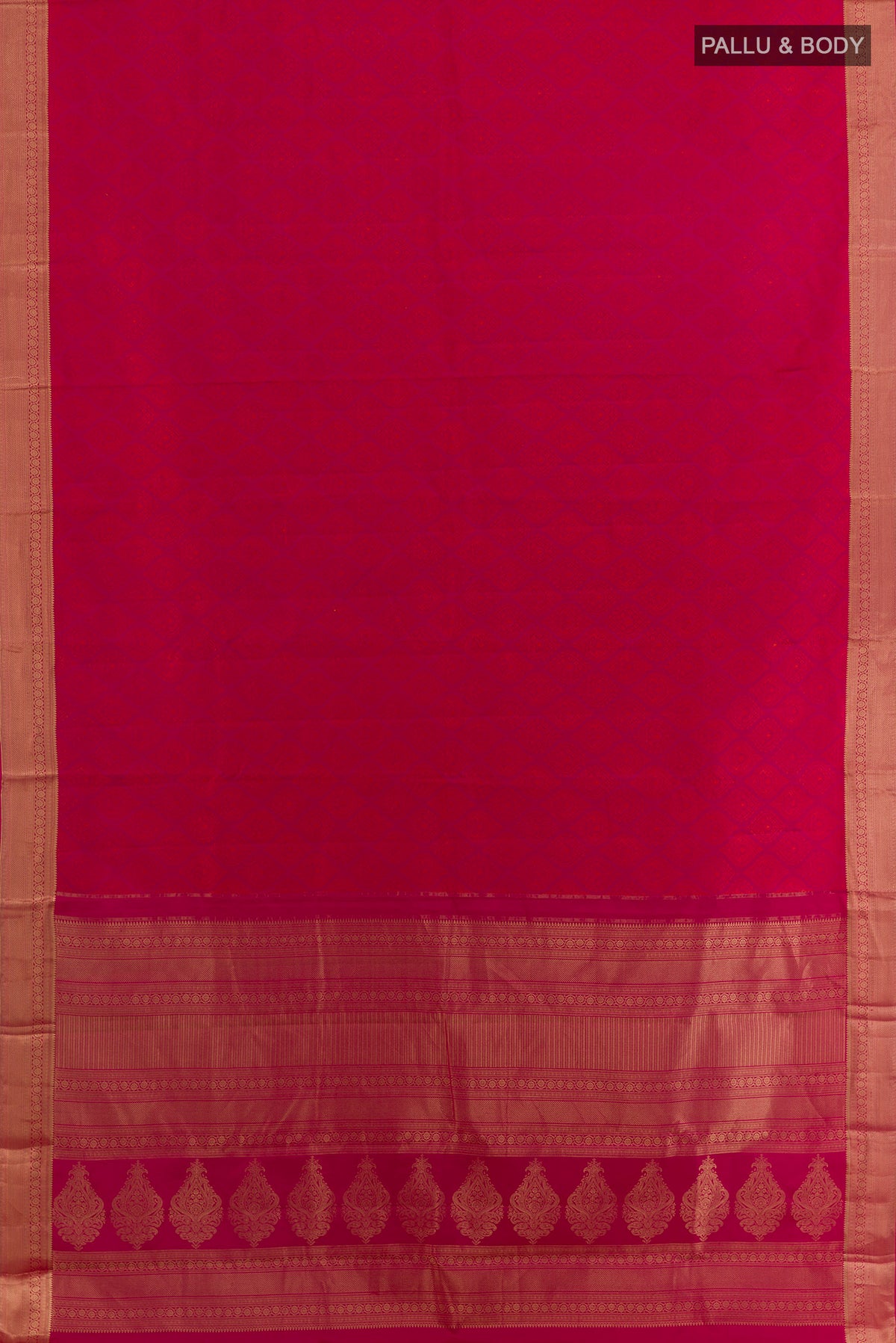 Flat view of Pure Silk Dark Pink Kanchipuram Saree with Jacquard design on the body and Zari Border. 