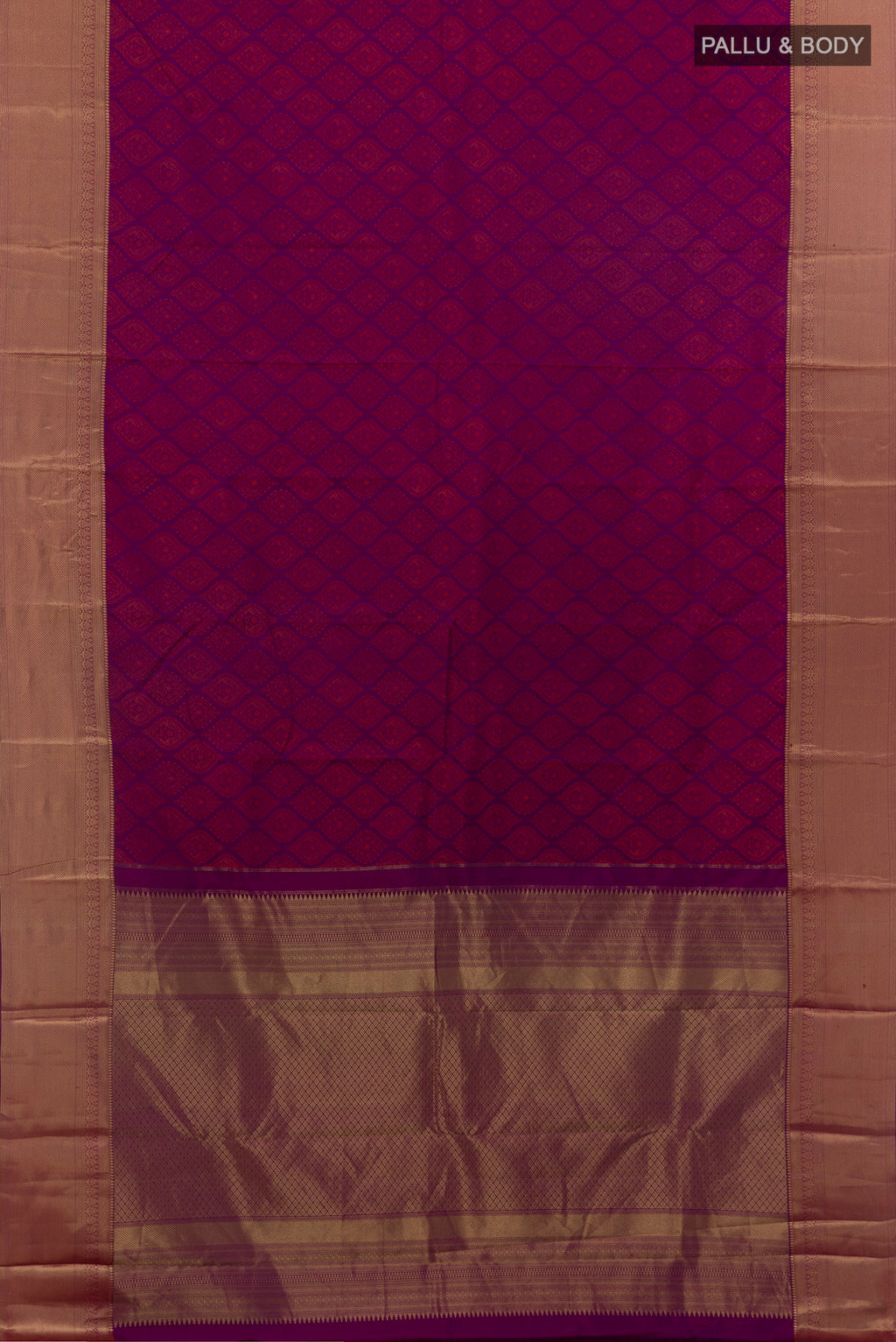 Flat view of Pure Silk Purple Kanchipuram Saree with Jacquard design on the body and Zari Border. 