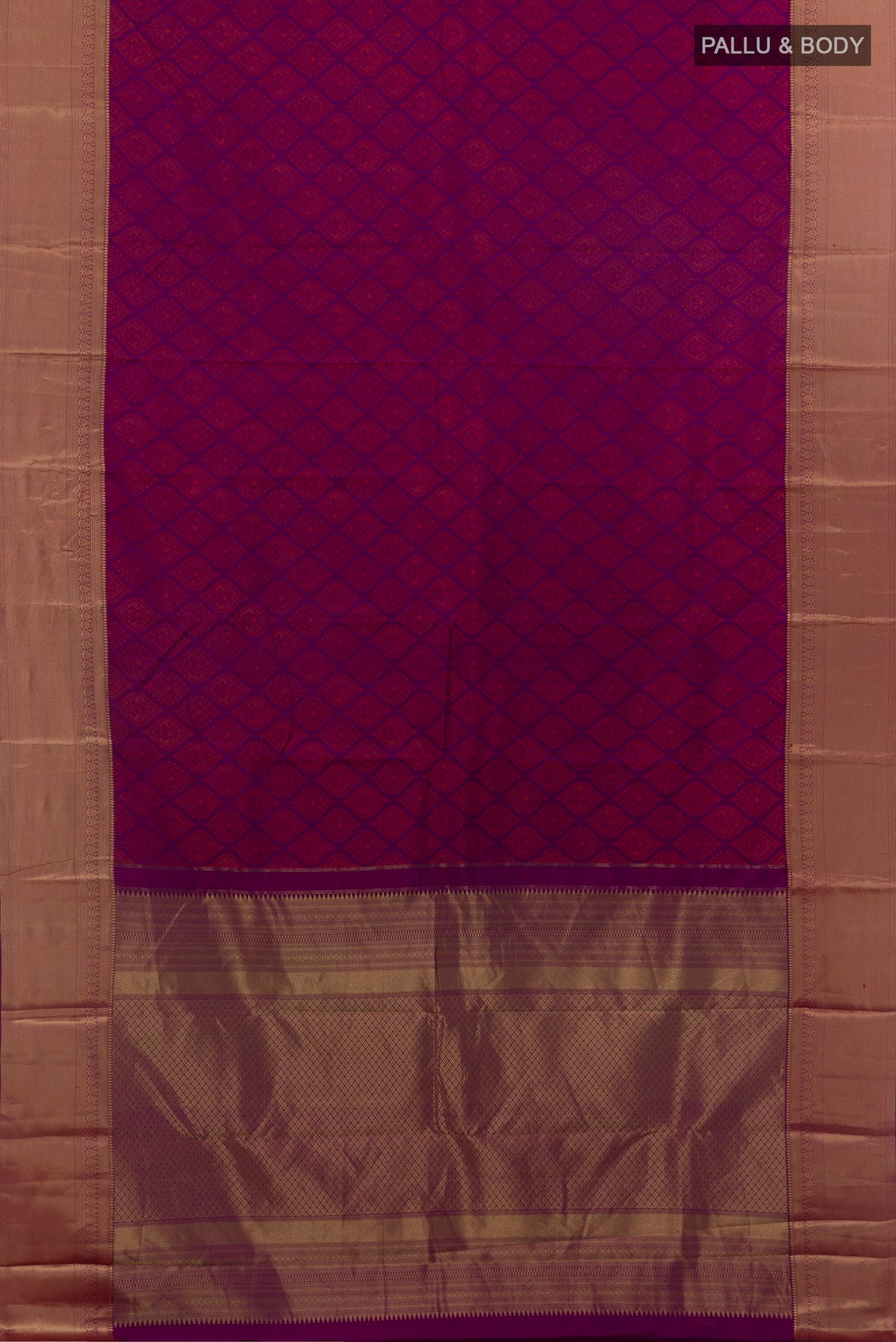 Flat view of Pure Silk Purple Kanchipuram Saree with Jacquard design on the body and Zari Border. 