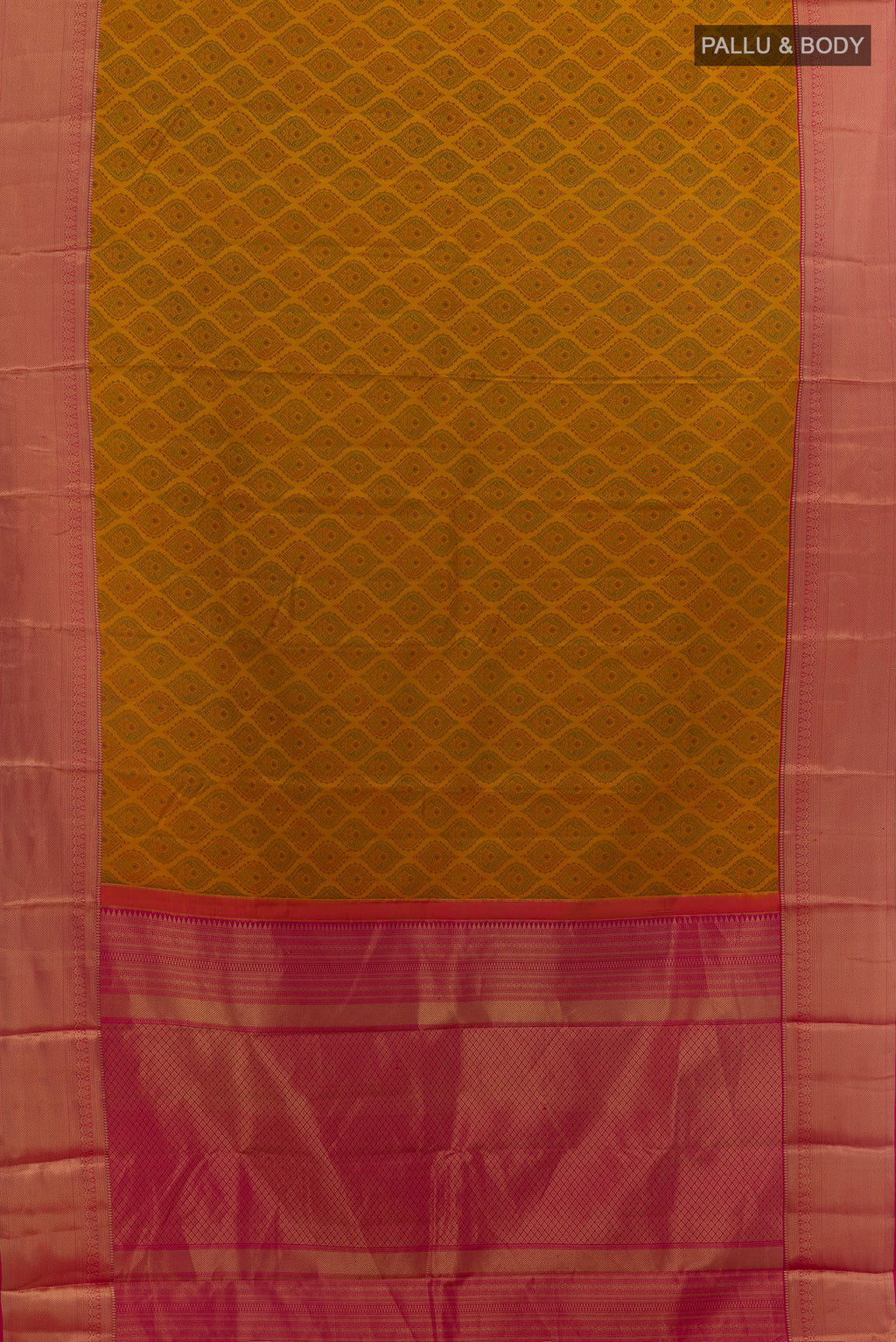 Flat view of Pure Silk Mustard Kanchipuram Saree with Jacquard design on the body and Zari Border. 