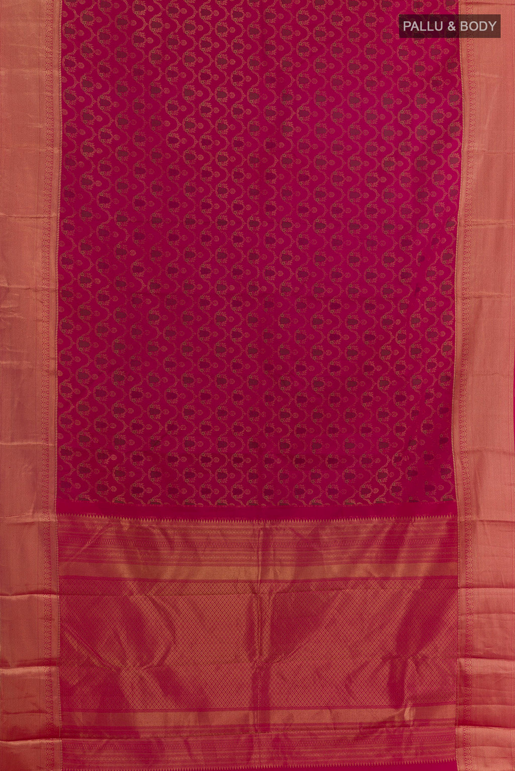 Flat view of Pure Silk Pink Kanchipuram Saree with Zari Brocade on the body and Zari Border. 