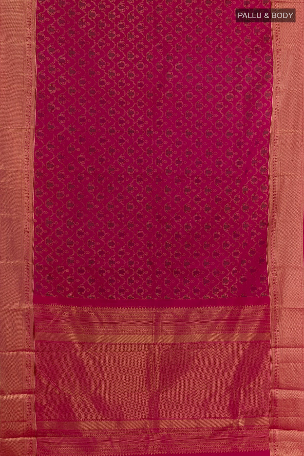 Flat view of Pure Silk Pink Kanchipuram Saree with Zari Brocade on the body and Zari Border. 