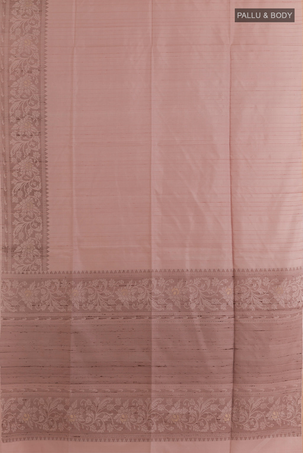 Flat view of Pure Silk Rose Gold Soft Saree with Stripes on the body and Zari Border. 