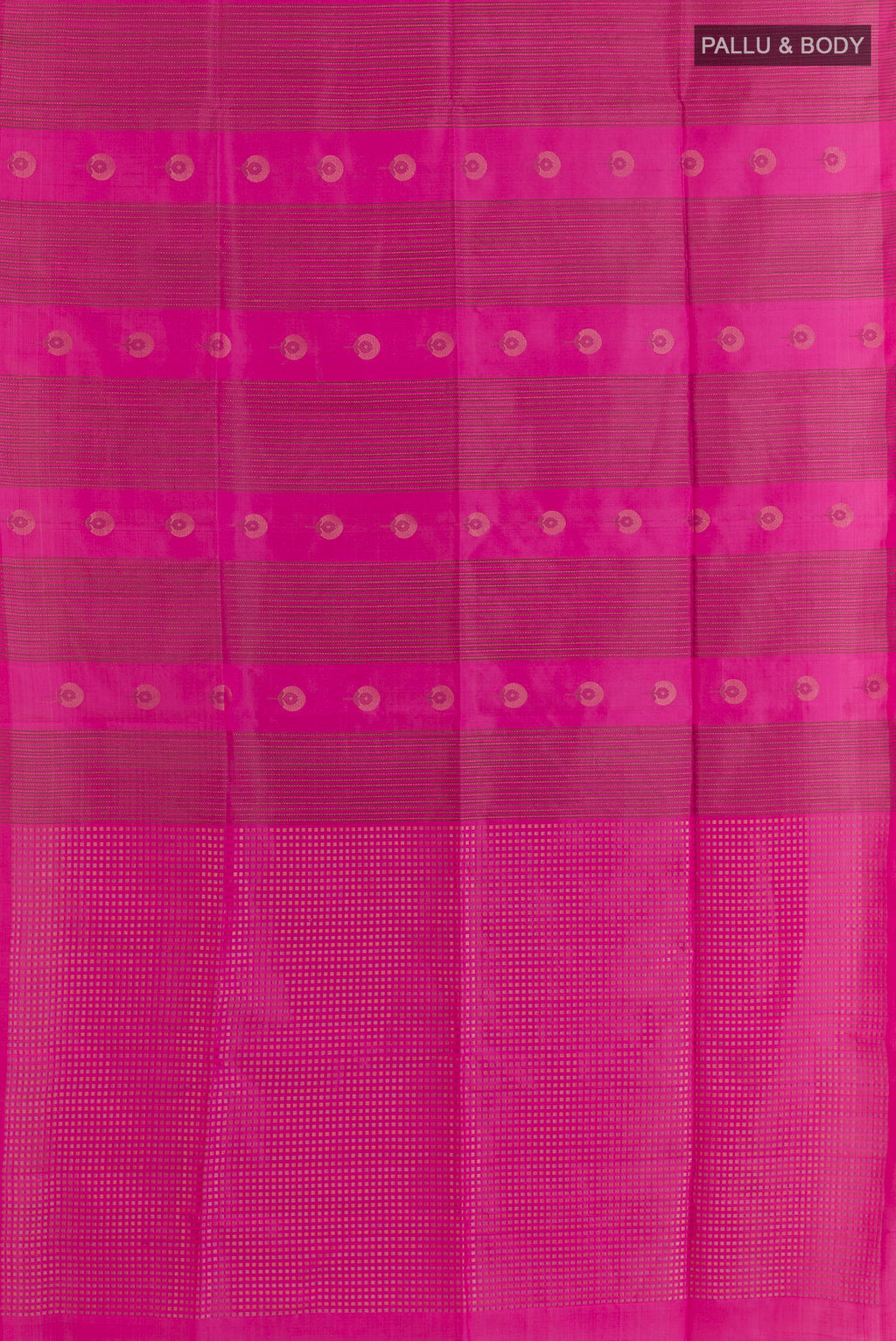 Flat view of Pure Silk Pink Soft Saree with Stripes on the body and Without Border. 