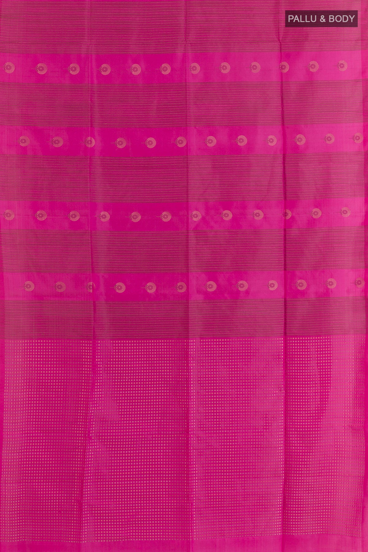 Flat view of Pure Silk Pink Soft Saree with Stripes on the body and Without Border. 