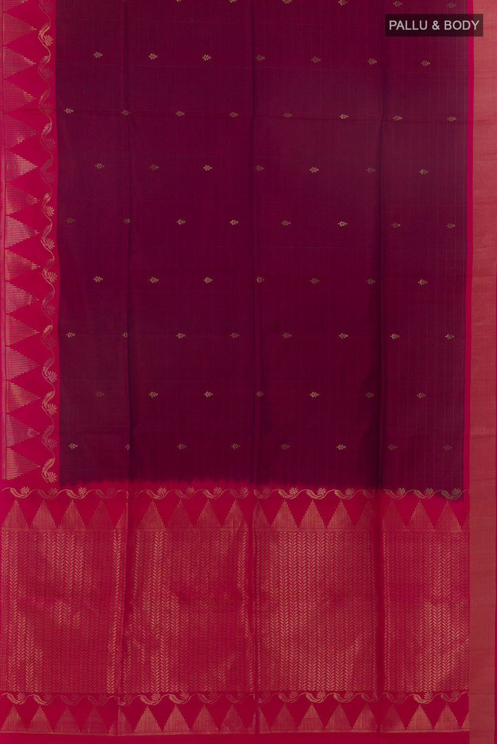 Flat view of Pure Silk Purple Soft Saree with Zari Butta on the body and Zari Border. 