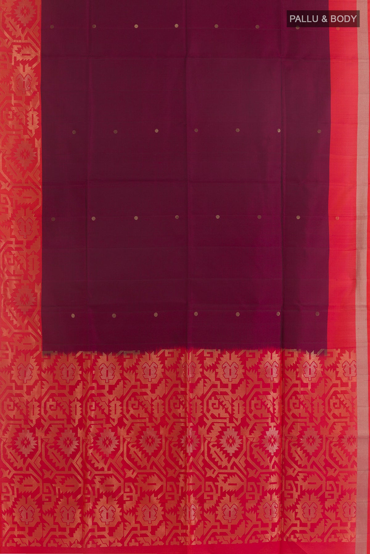 Flat view of Pure Silk Purple Soft Saree with Zari Butta on the body and Zari Border. 