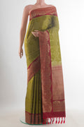 Pure Silk Mehandi Green Soft Saree with Zari Brocade on the body and Zari Border.  displayed on a mannequin
