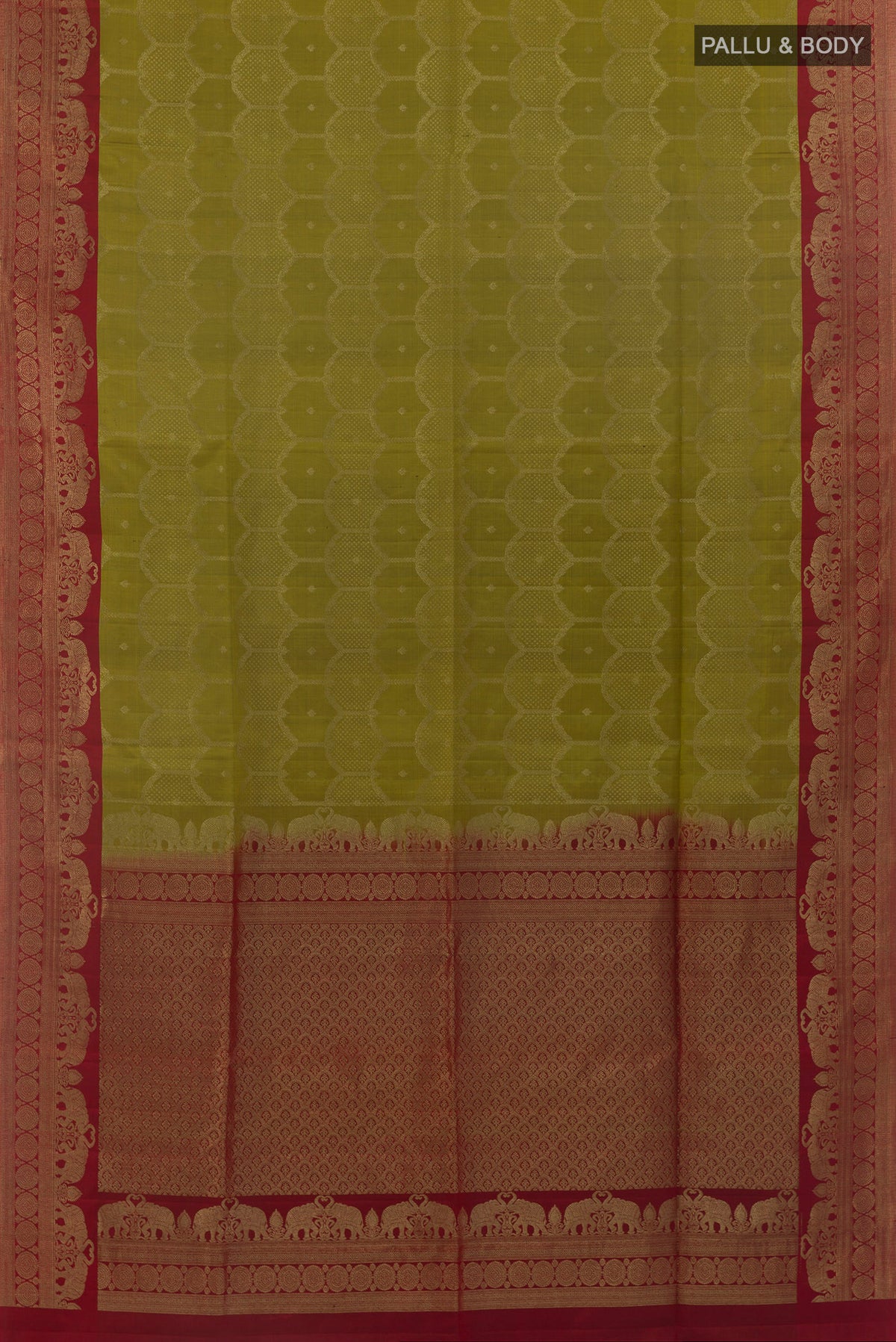 Flat view of Pure Silk Mehandi Green Soft Saree with Zari Brocade on the body and Zari Border. 