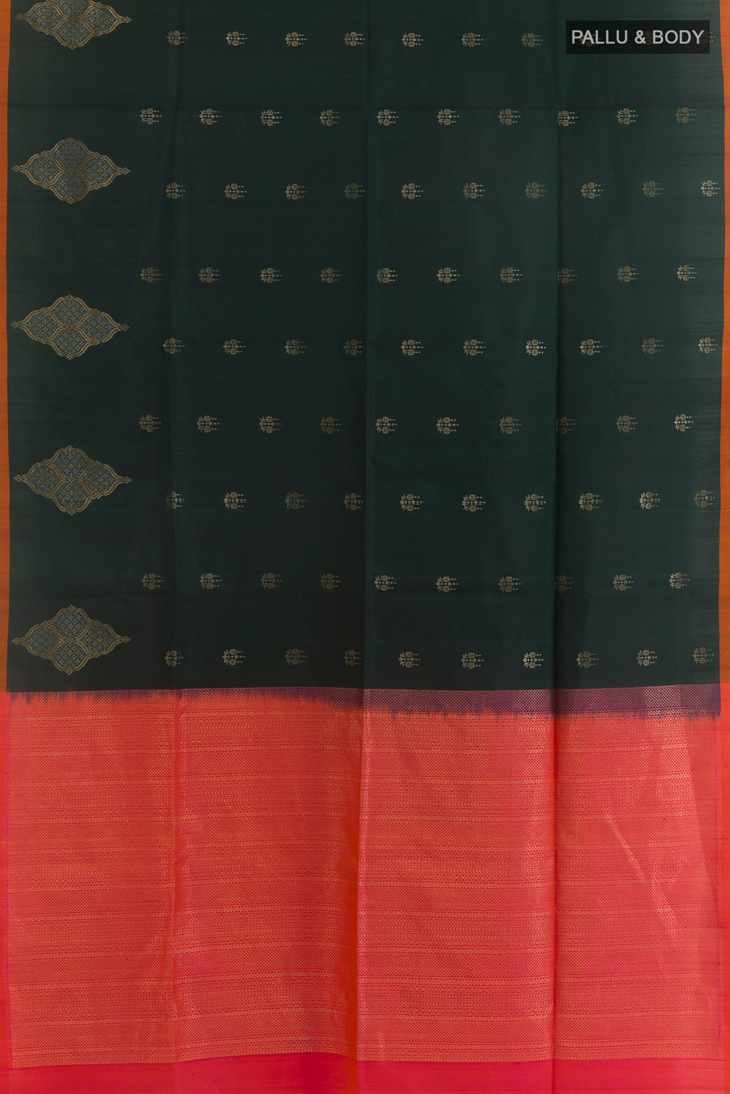 Flat view of Pure Silk Bottle Green Soft Saree with Zari Butta on the body and Plain Border. 
