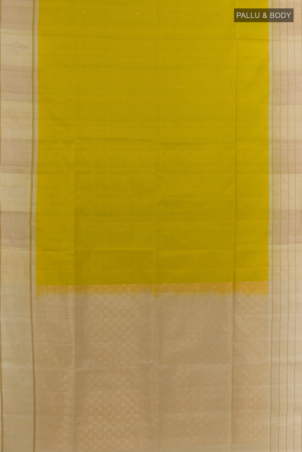Flat view of Pure Silk Light Green Soft Saree with Zari Butta on the body and Zari Border. 