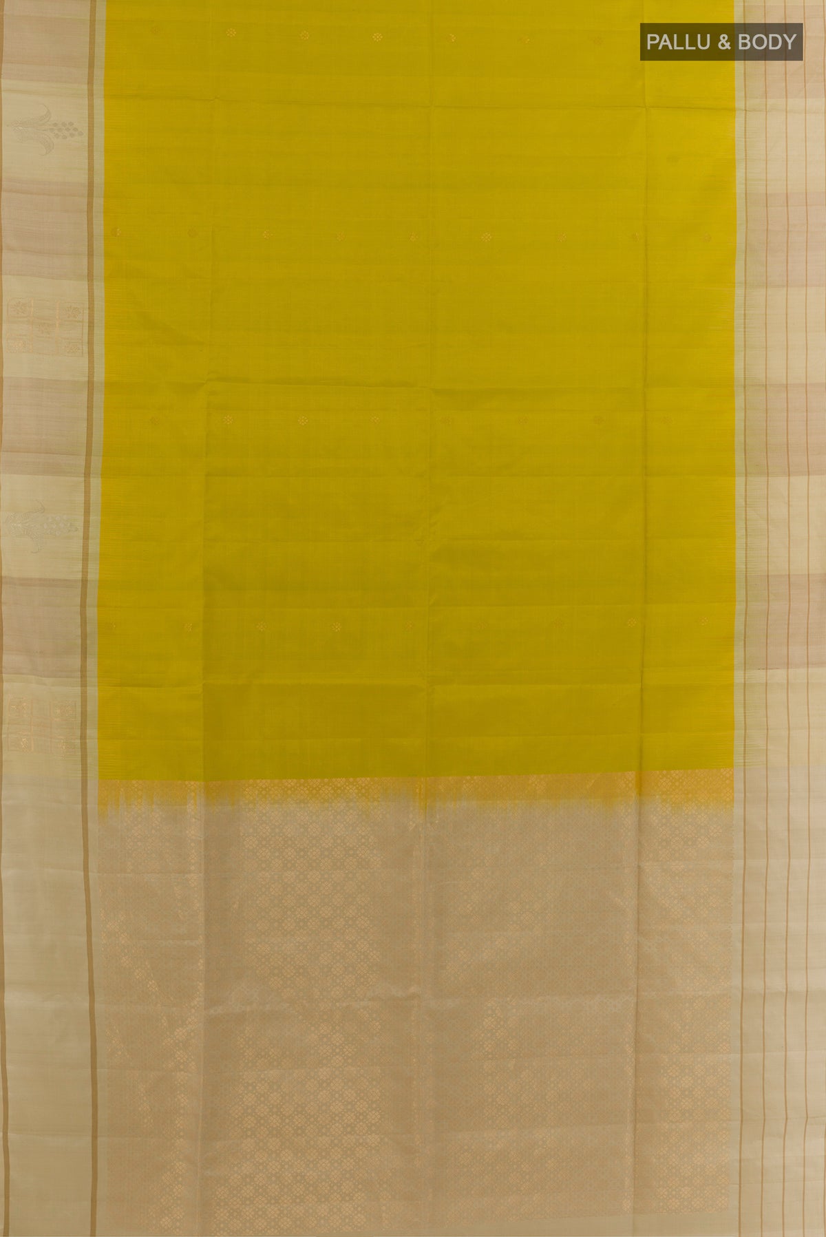 Flat view of Pure Silk Light Green Soft Saree with Zari Butta on the body and Zari Border. 