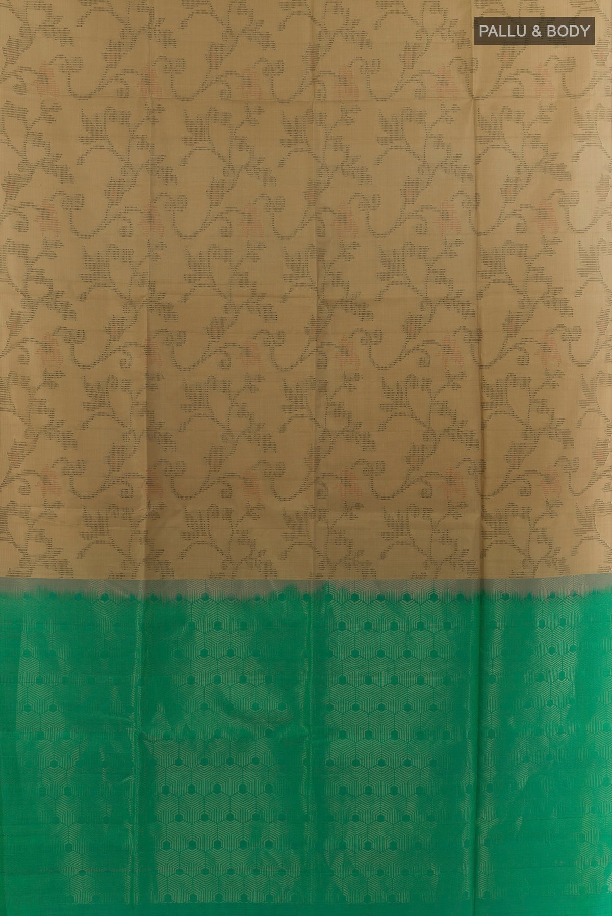 Flat view of Pure Silk Beige Soft Saree with Thread Butta on the body and Without Border. 