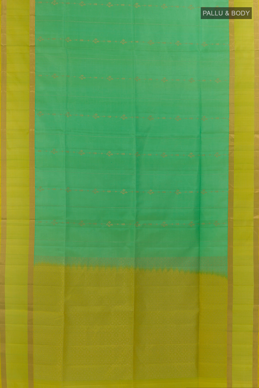 Flat view of Pure Silk Mint Green Soft Saree with Stripes on the body and Zari Border. 
