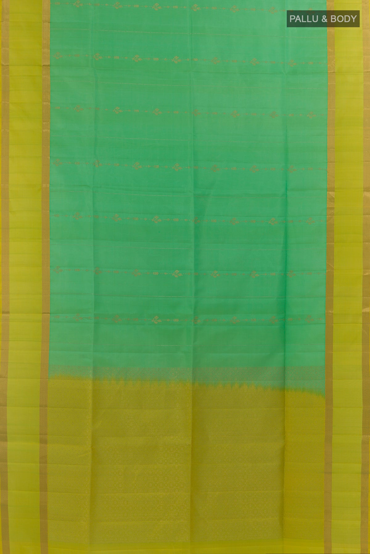 Flat view of Pure Silk Mint Green Soft Saree with Stripes on the body and Zari Border. 