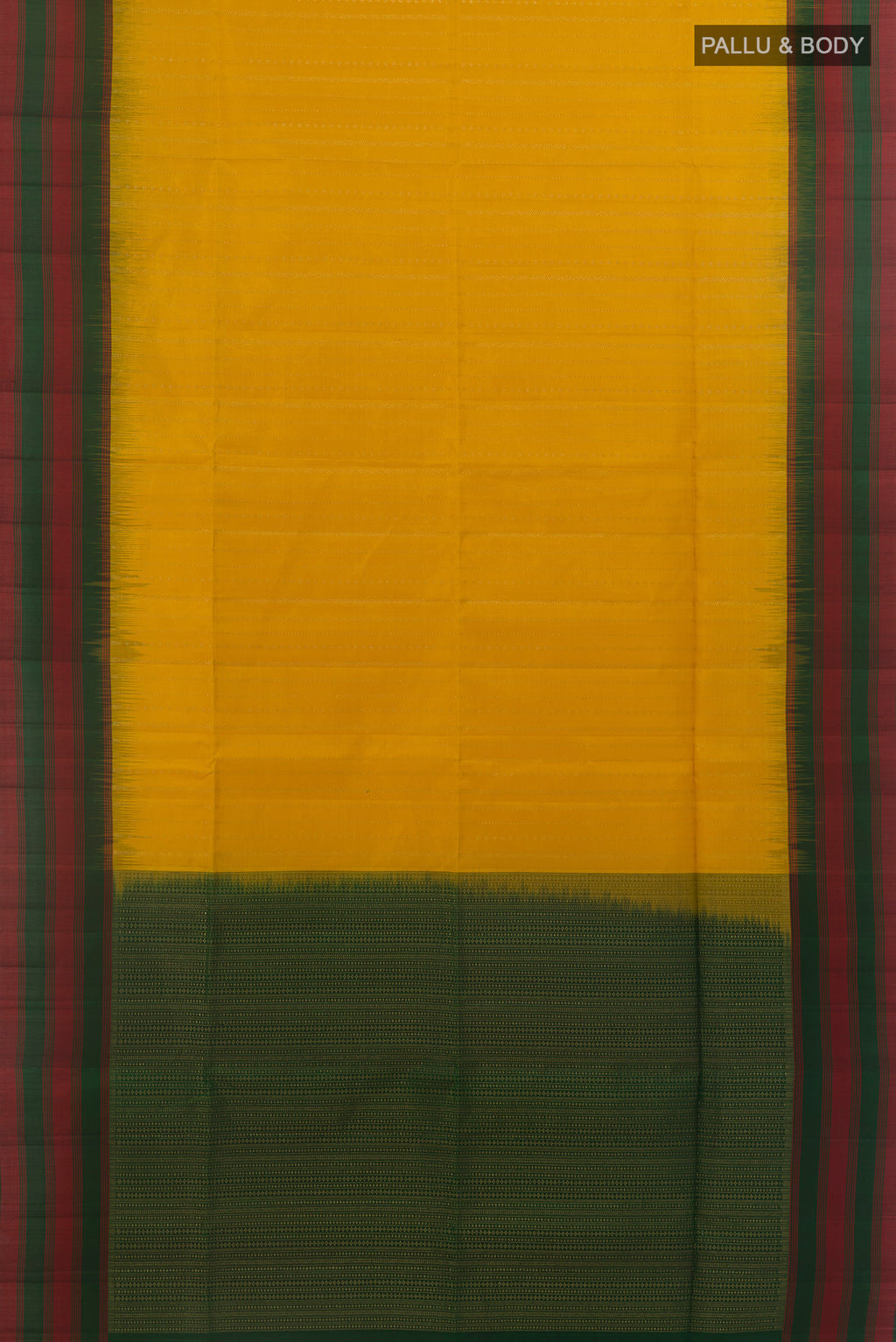 Flat view of Pure Silk Yellow Soft Saree with Stripes on the body and Zari Border. 