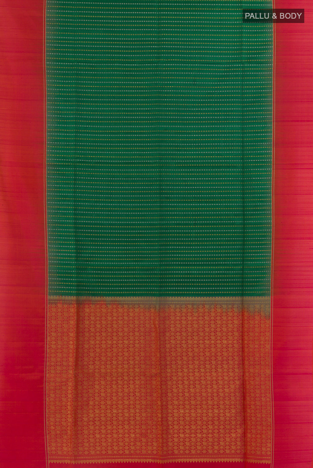 Flat view of Pure Silk Green Soft Saree with Zari Butta on the body and Zari Border. 