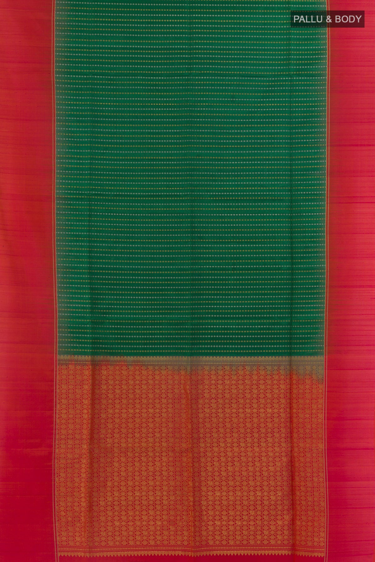 Flat view of Pure Silk Green Soft Saree with Zari Butta on the body and Zari Border. 