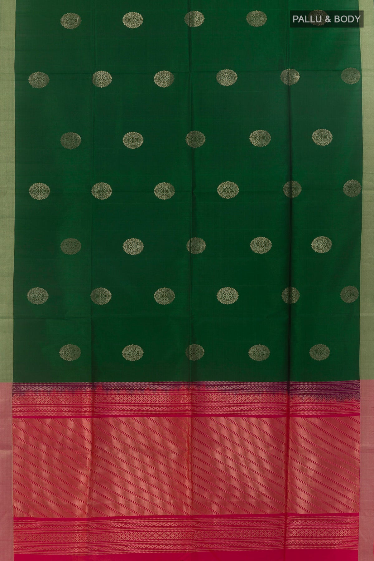 Flat view of Pure Silk Green Soft Saree with Zari Butta on the body and Zari Border. 
