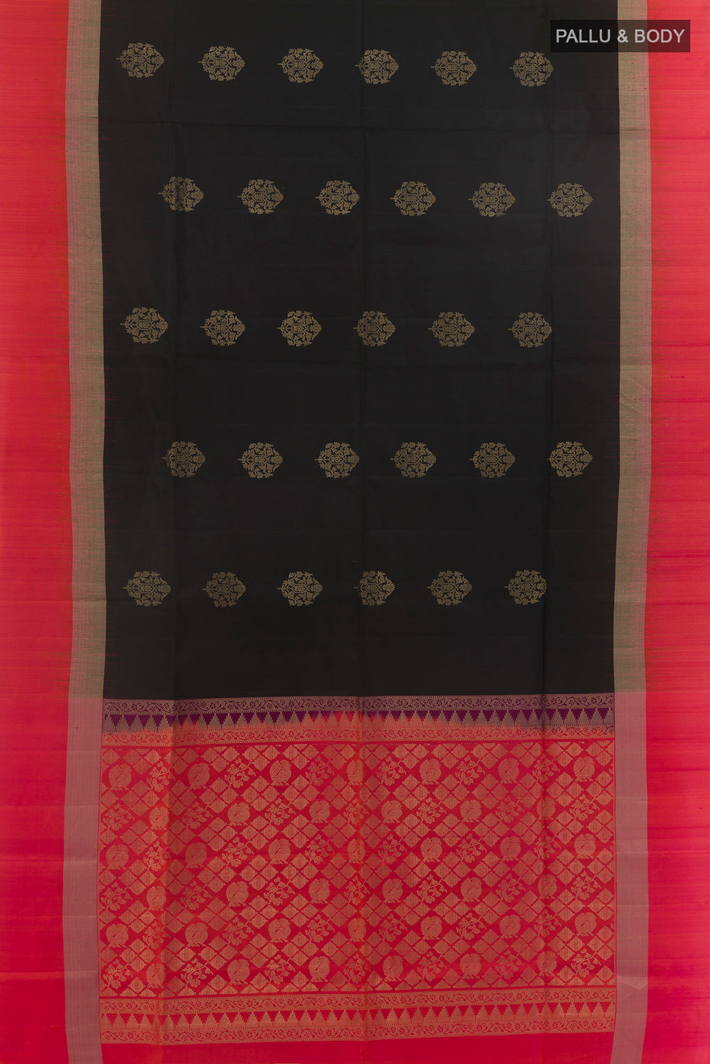 Flat view of Pure Silk Black Soft Saree with Zari Butta on the body and Zari Border. 