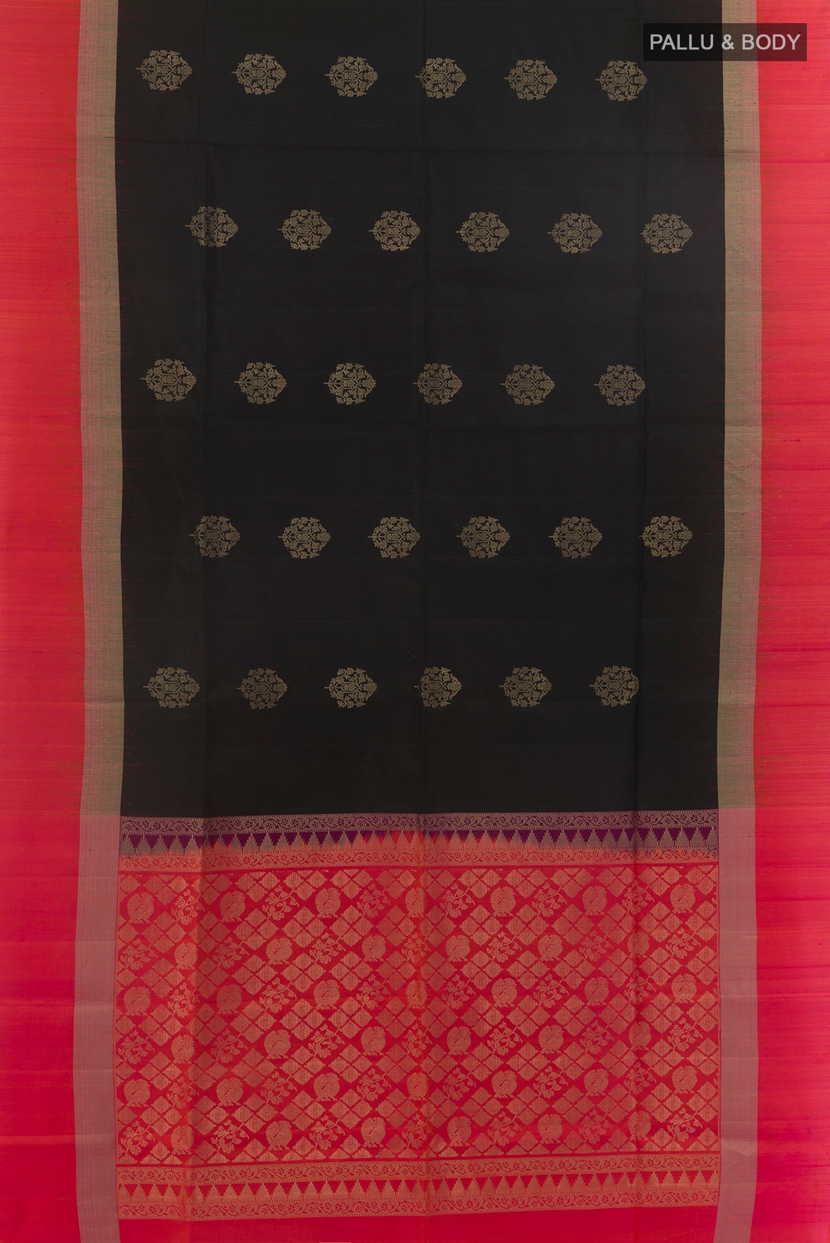 Flat view of Pure Silk Black Soft Saree with Zari Butta on the body and Zari Border. 