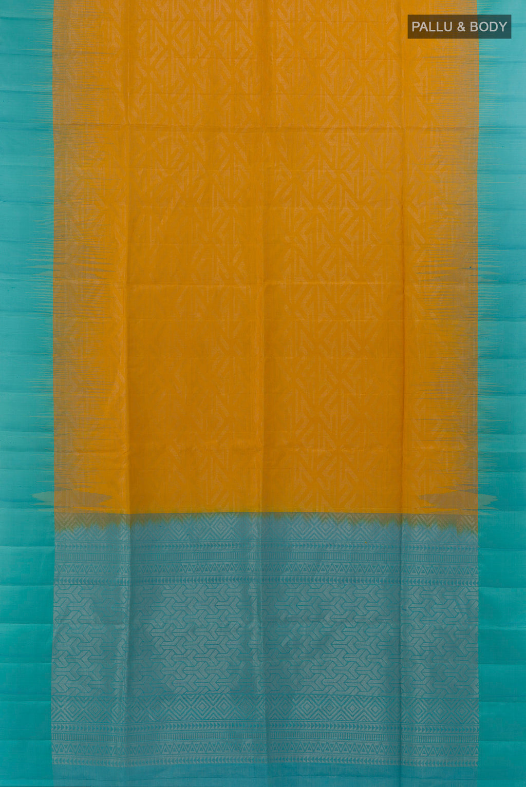 Flat view of Pure Silk Yellow Soft Saree with Zari Brocade on the body and Zari Border. 