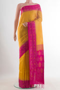 Pure Silk Yellow Soft Saree with Zari Brocade on the body and Zari Border.  displayed on a mannequin