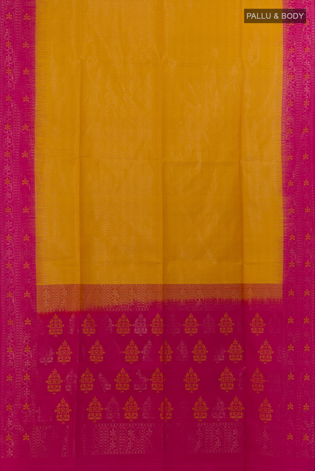 Flat view of Pure Silk Yellow Soft Saree with Zari Brocade on the body and Zari Border. 