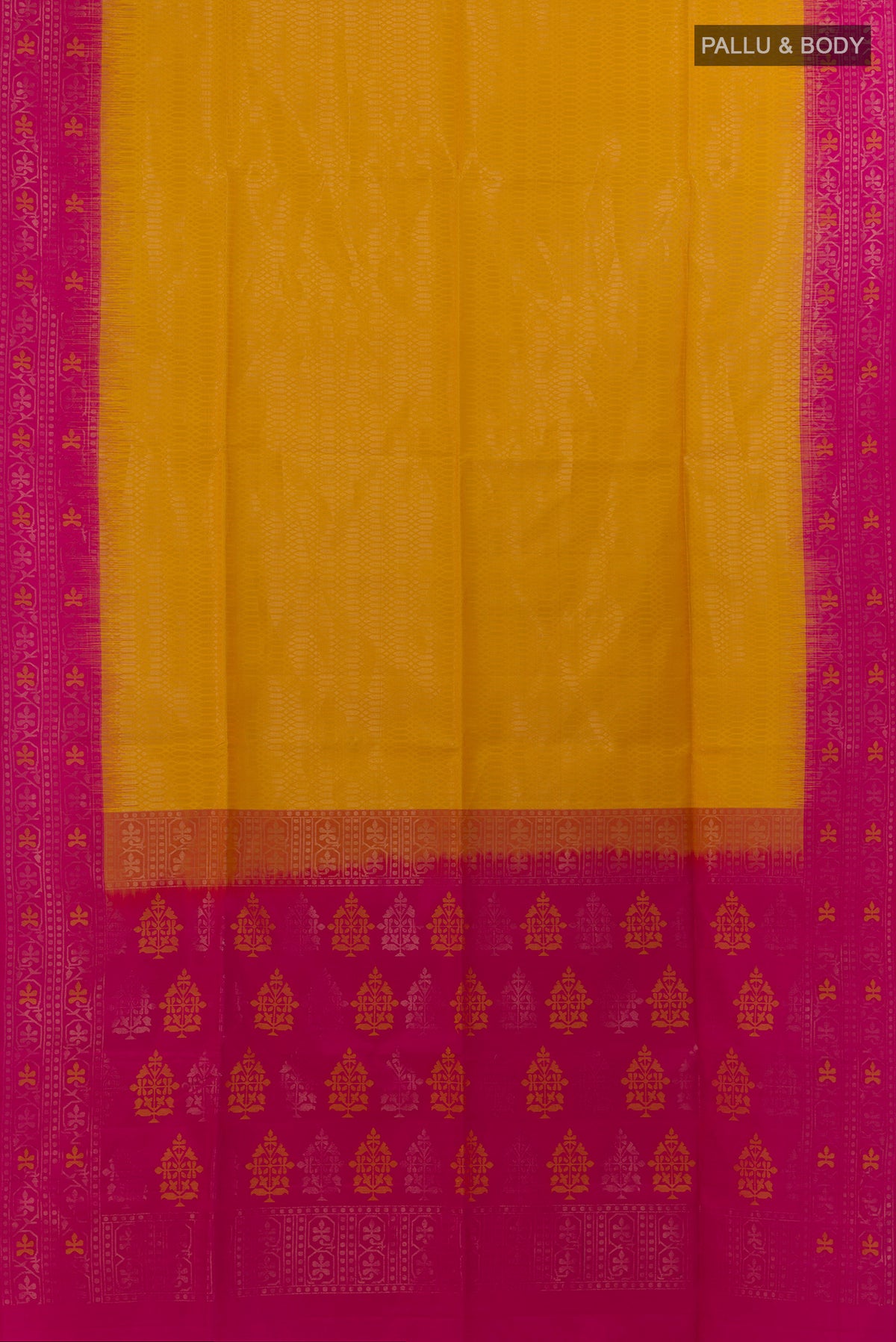 Flat view of Pure Silk Yellow Soft Saree with Zari Brocade on the body and Zari Border. 