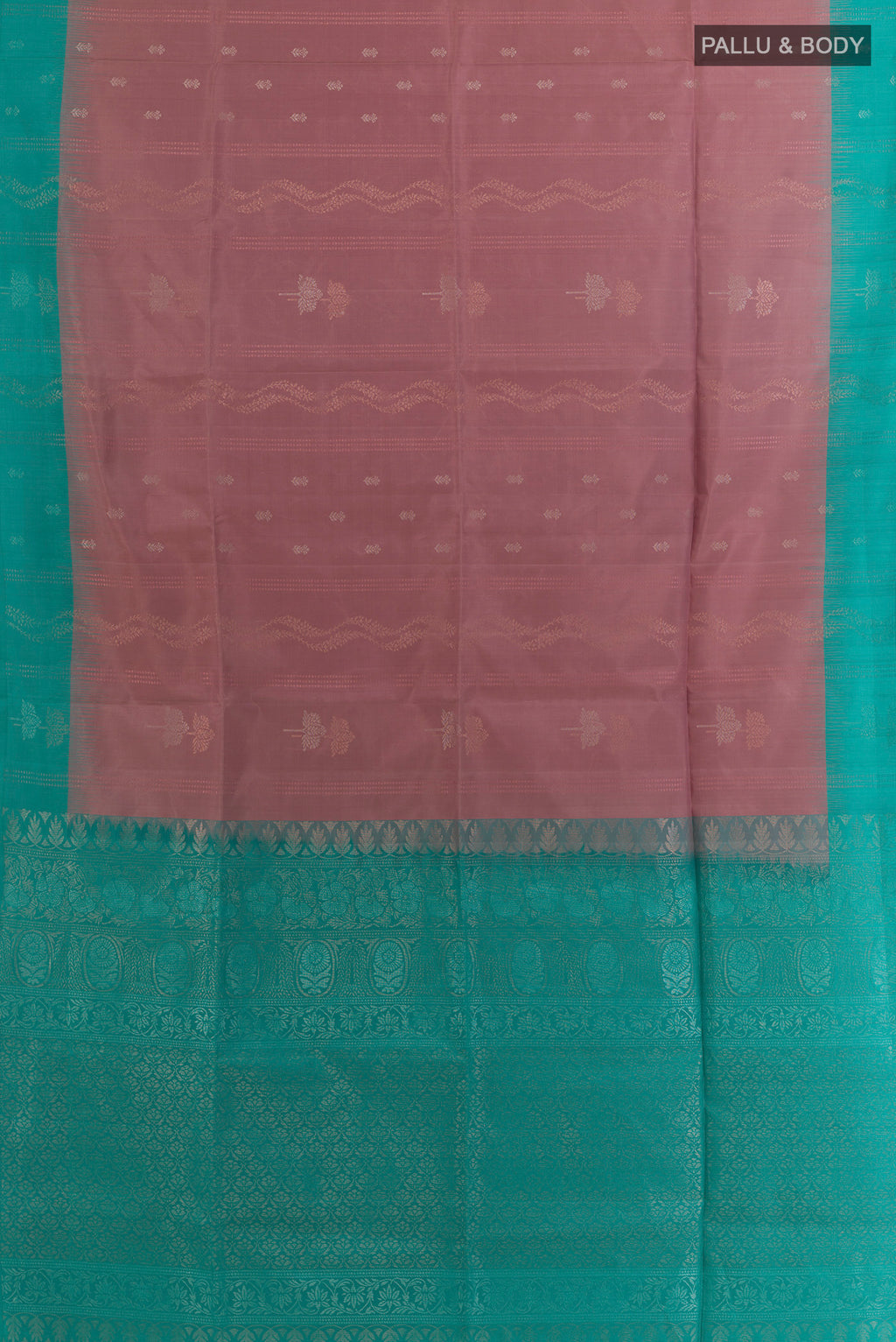 Flat view of Pure Silk Rose Gold Soft Saree with Zari Butta on the body and Zari Border. 